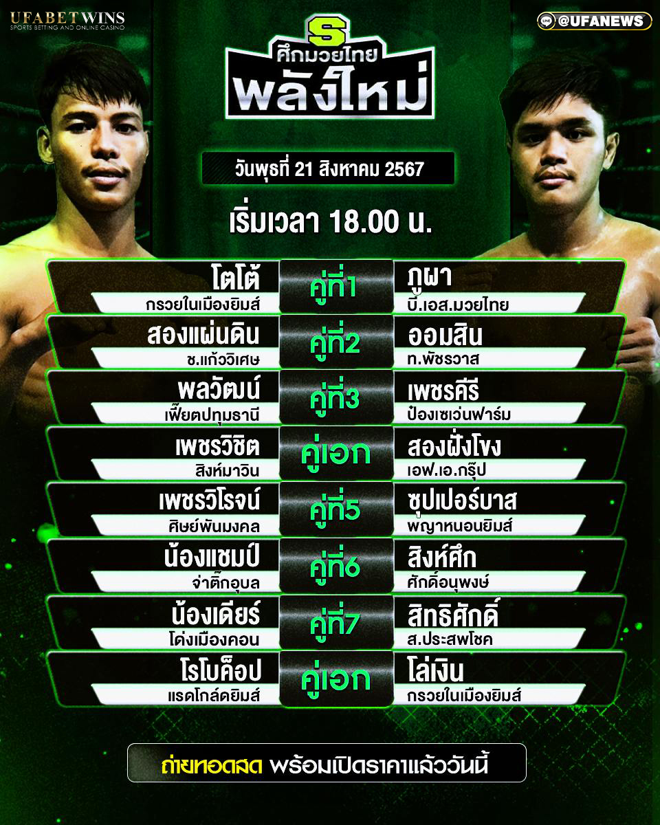 มวยวันนี้ ศึกมวยไทยพลังใหม่ 21/08/67