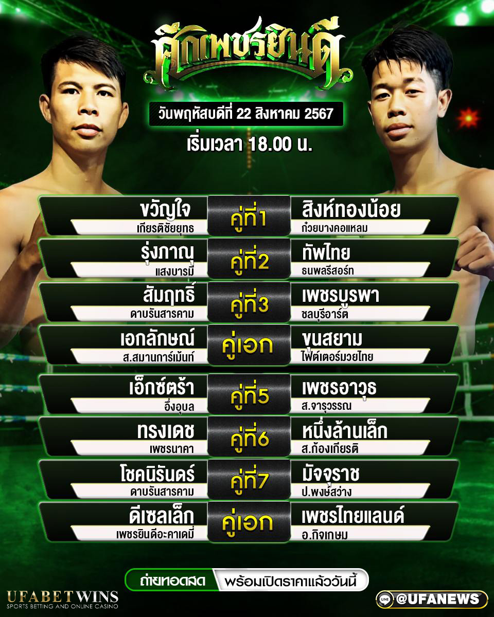 มวยวันนี้ ศึกเพชรยินดี 22/08/67