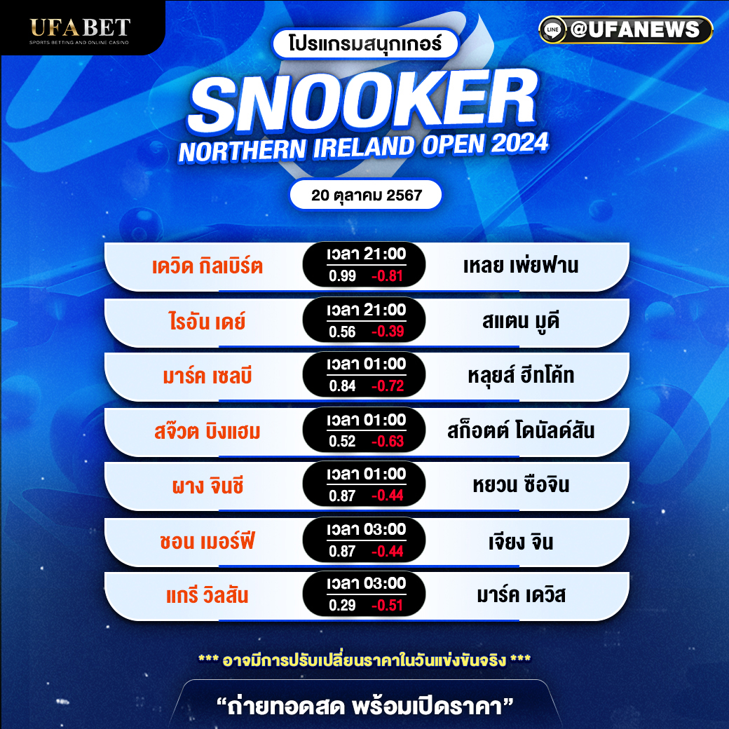 โปรแแกรมสนุกเกอร์ ประจำวันที่ 20 ตุลาคม 2567