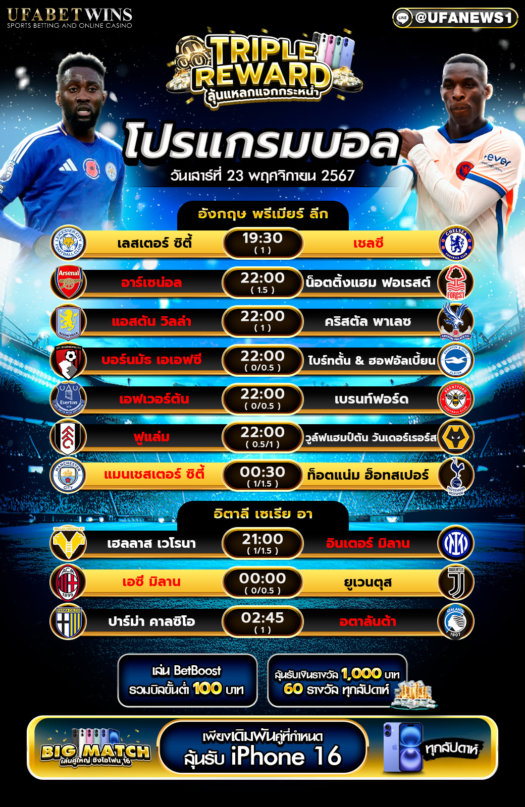 โปรแกรมฟุตบอลวันนี้ 23/11/2567