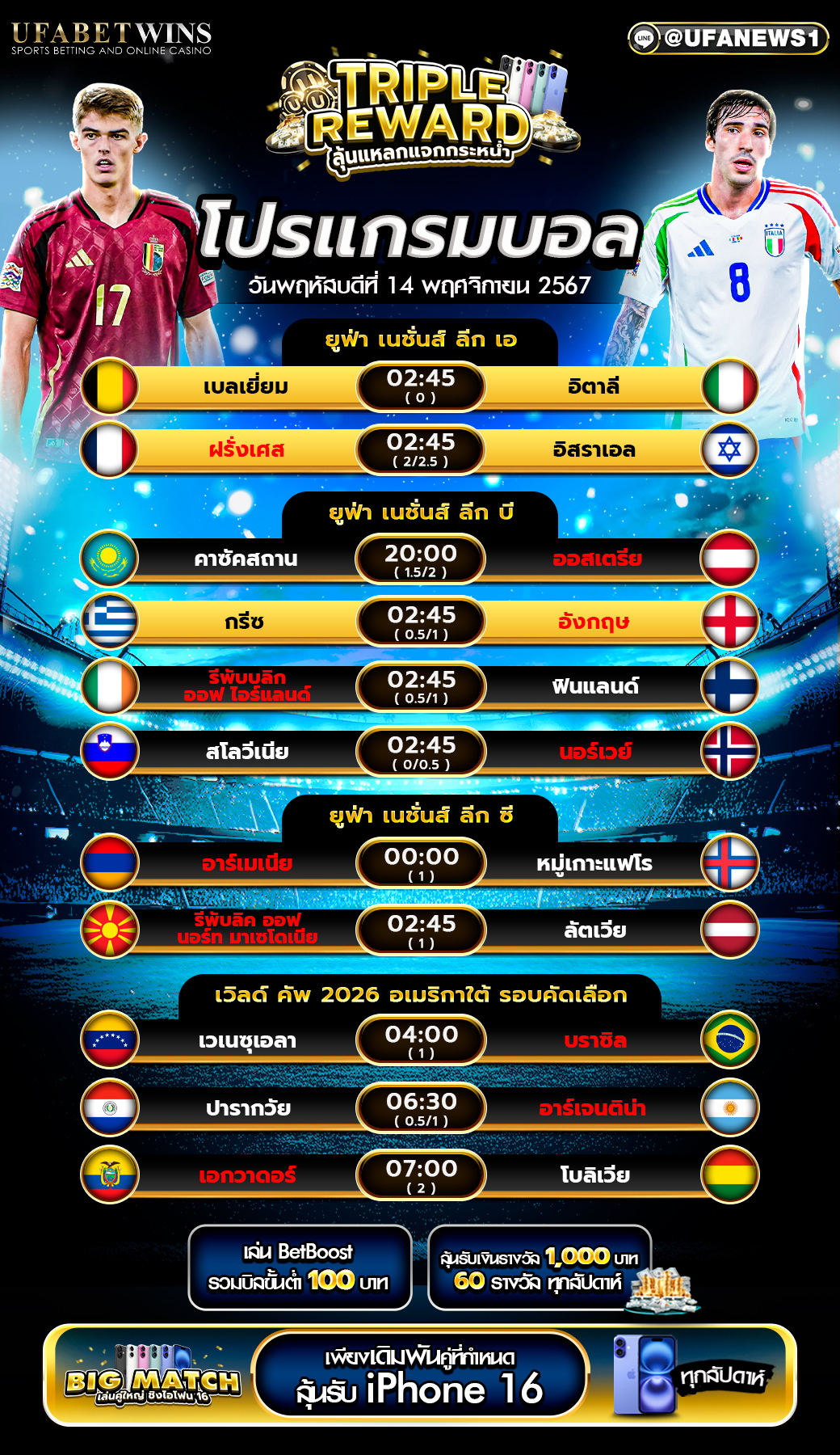 โปรแกรมฟุตบอลวันนี้ 14/11/2567