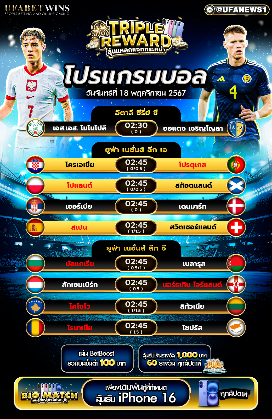 โปรแกรมฟุตบอลวันนี้ 18/11/2567