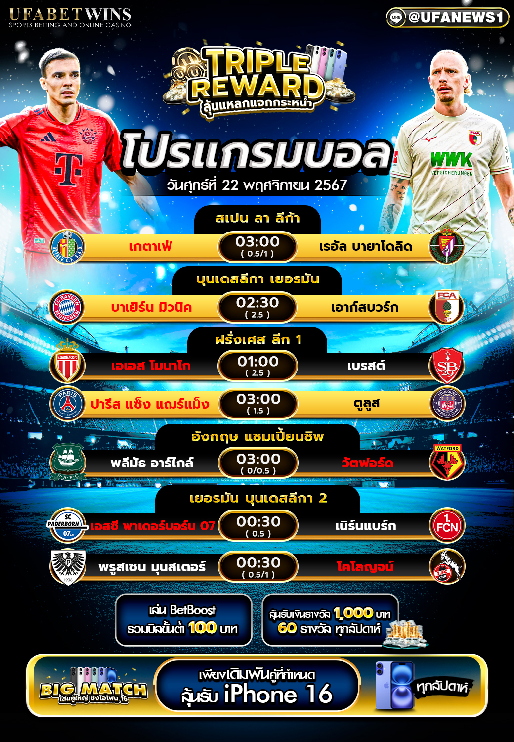 โปรแกรมฟุตบอลวันนี้ 22/11/2567