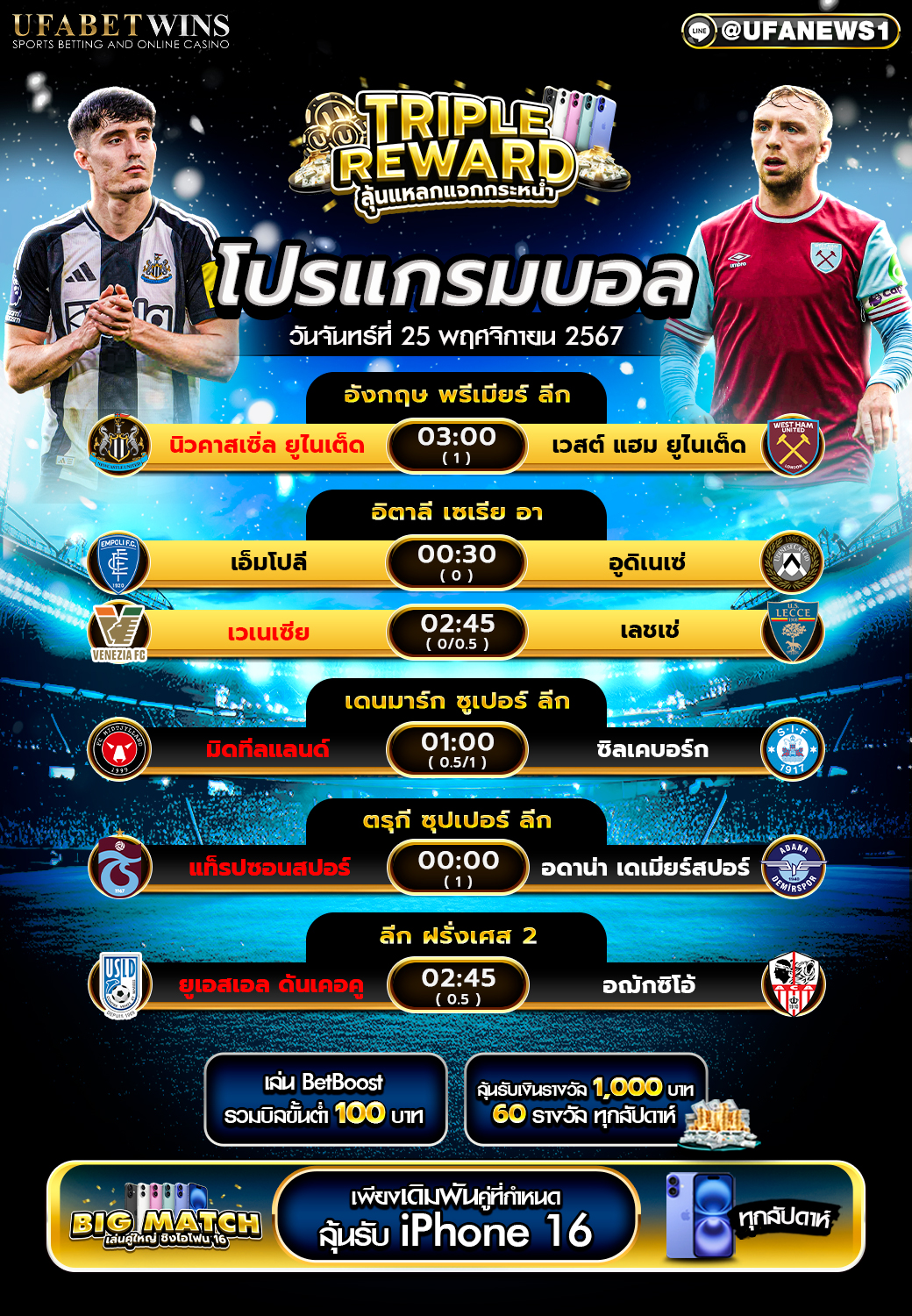 โปรแกรมฟุตบอลวันนี้ 25/11/2567