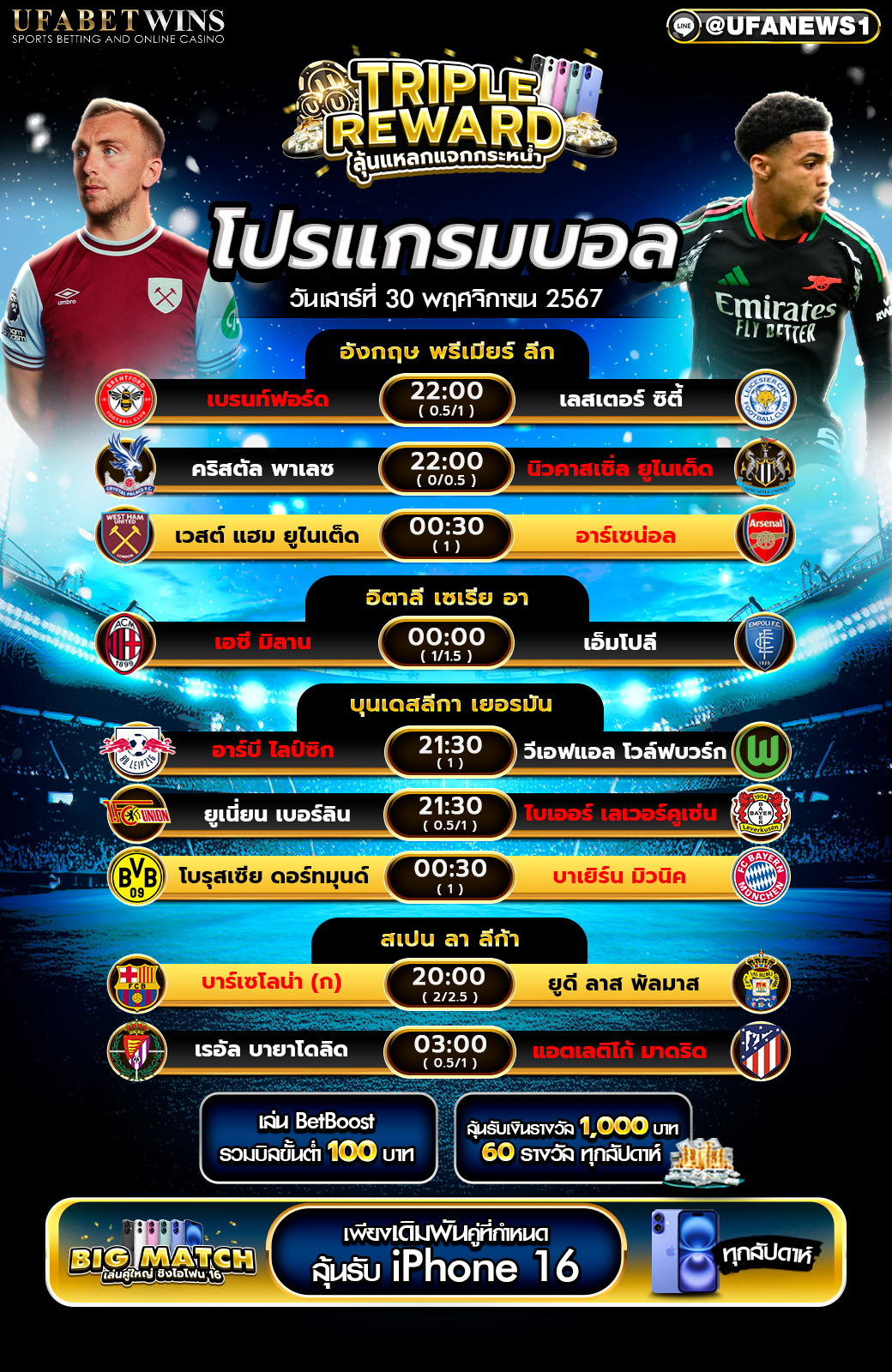 โปรแกรมฟุตบอลวันนี้ 30/11/2567
