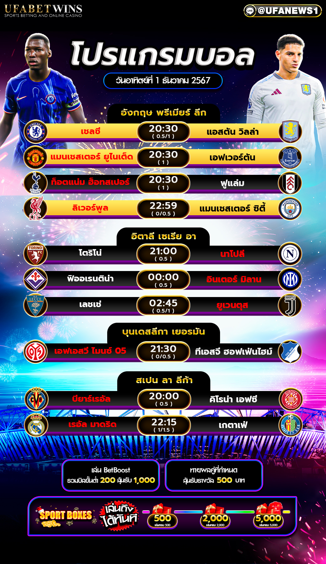 โปรแกรมฟุตบอลวันนี้ 01/12/2567
