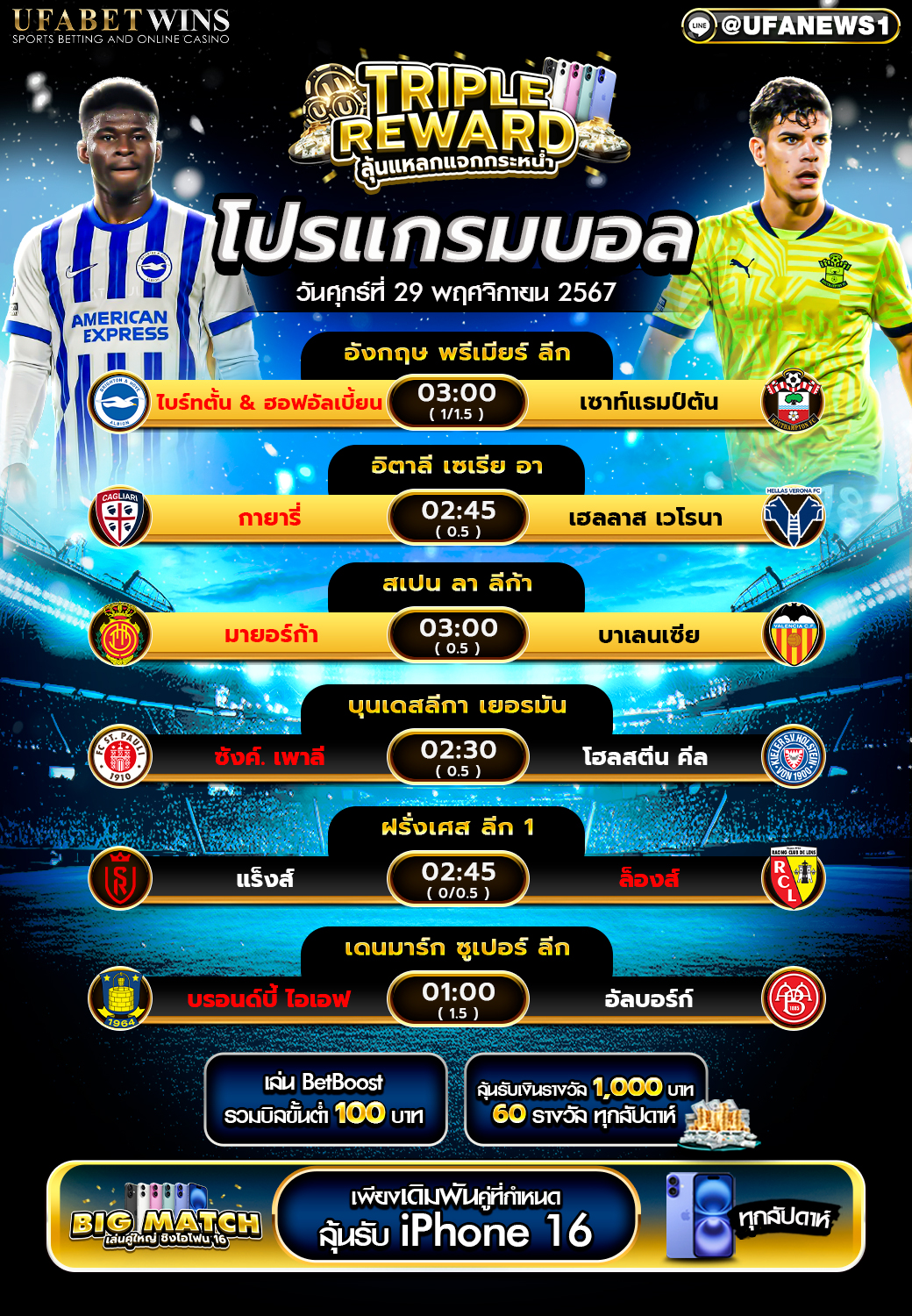 โปรแกรมฟุตบอลวันนี้ 29/11/2567
