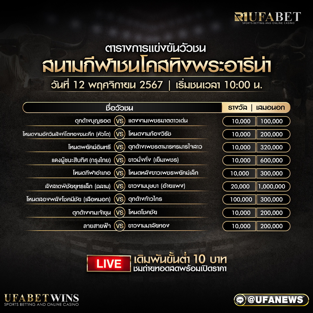 โปรแกรมวัวชน สนามกีฬาชนโคสทิงพระอารีน่า  วันที่ 12 พฤศจิกายน 2567
