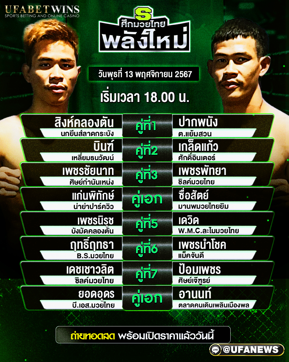 มวยวันนี้ ศึกมวยไทยพลังใหม่ 13/11/67