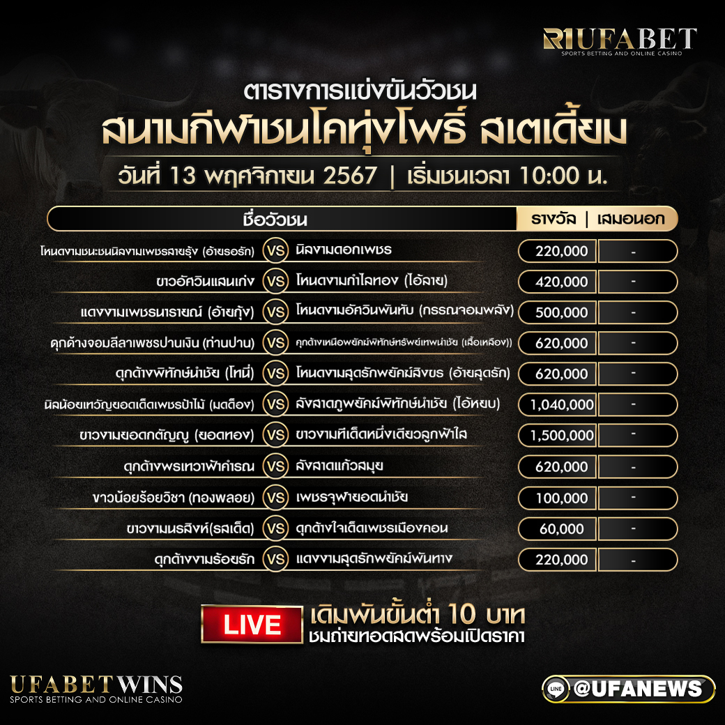 โปรแกรมวัวชน สนามกีฬาชนโคสเตเดี้ยม  วันที่ 13 พฤศจิกายน 2567