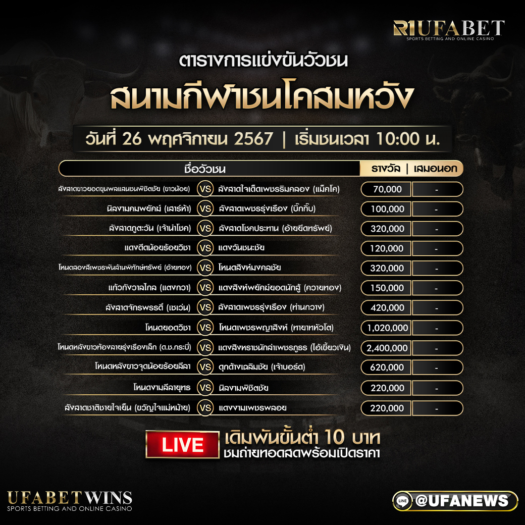 โปรแกรมวัวชน สนามกีฬาชนโคสมหวัง วันที่ 26 พฤศจิกายน 2567