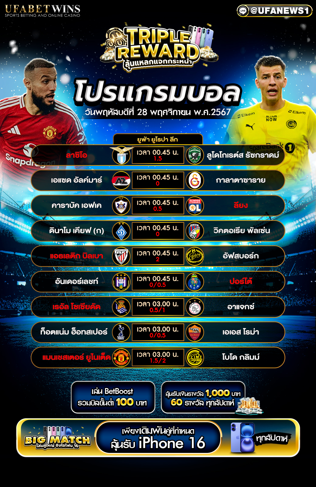 โปรแกรมฟุตบอลวันนี้ 28/11/2567