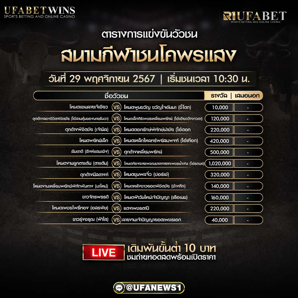 โปรแกรมวัวชน สนามชนโคพระแสง วันที่ 29 พฤศจิกายน 2567