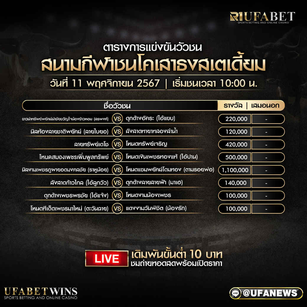 โปรแกรมวัวชน สนามกีฬาชนโคเสาธงสเตเดี้ยม วันที่ 11 พฤศจิกายน 2567