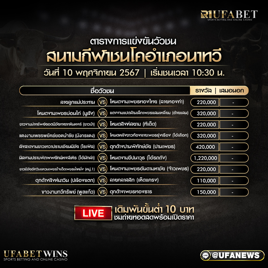 โปรแกรมวัวชน สนามกีฬาชนโคอําเภอนาทวี วันที่ 10 พฤศจิกายน 2567