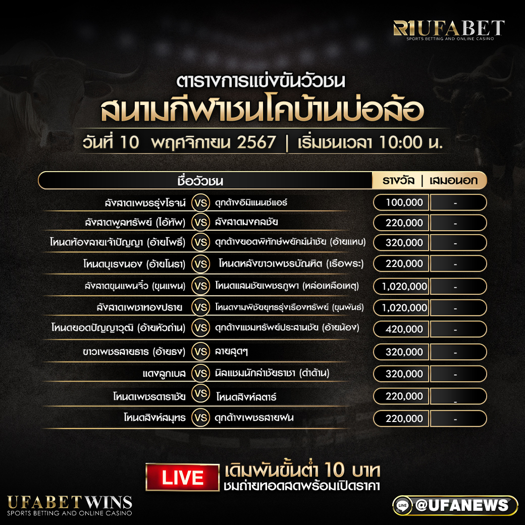 โปรแกรมวัวชน สนามกีฬาชนโคบ้านบ่อล้อ วันที่ 10 พฤศจิกายน 2567
