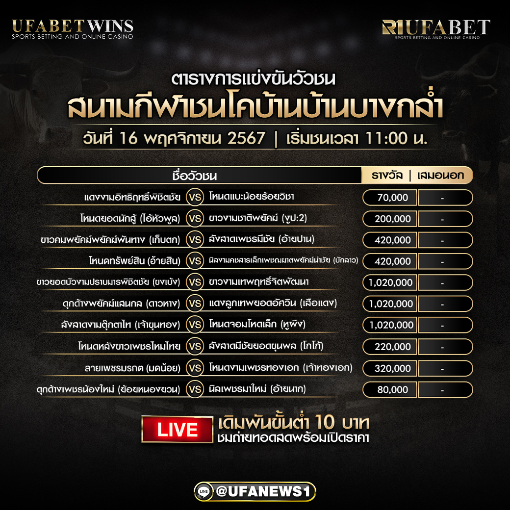 โปรแกรมวัวชน สนามชนโคบ้านบ้านบางกล่ำ วันที่ 16 พฤศจิกายน 2567