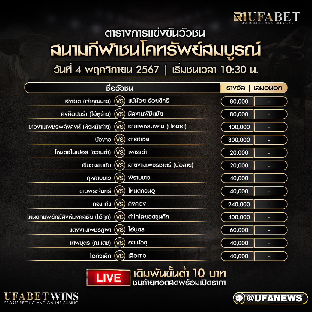 โปรแกรมวัวชน สนามกีฬาชนโคทรัพย์สมบูรณ์ วันที่ 4 พฤศจิกายน 2567