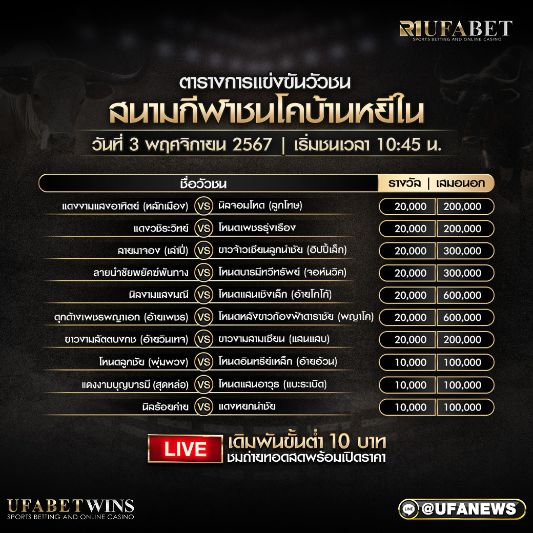 โปรแกรมวัวชน สนามกีฬาชนโคบ้านหยีใน วันที่ 3 พฤศจิกายน 2567
