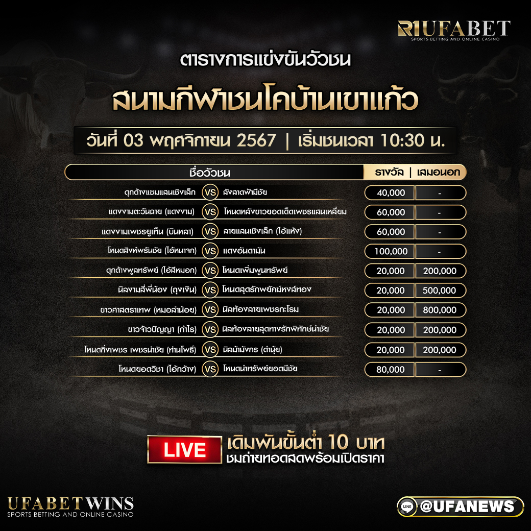 โปรแกรมวัวชน สนามกีฬาชนโคบ้านเขาแก้ว วันที่ 3 พฤศจิกายน 2567 