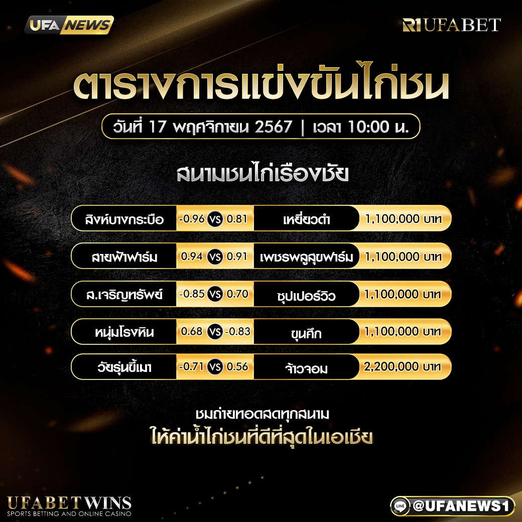 โปรแกรมการแข่งขันไก่ชน วันที่ 17 พฤศจิกายน 2567