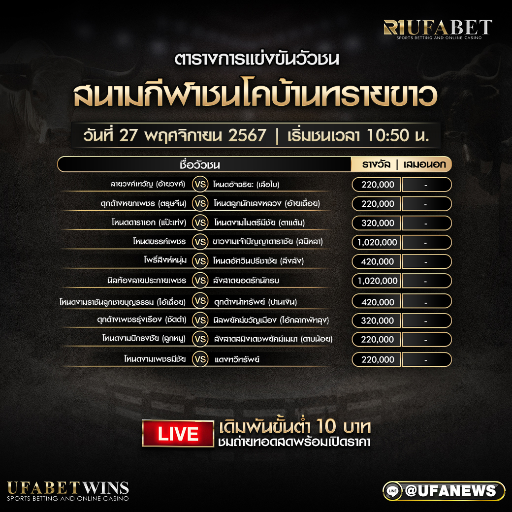 โปรแกรมวัวชน สนามกีฬาชนโคบ้านทรายขาว วันที่ 27 พฤศจิกายน 2567