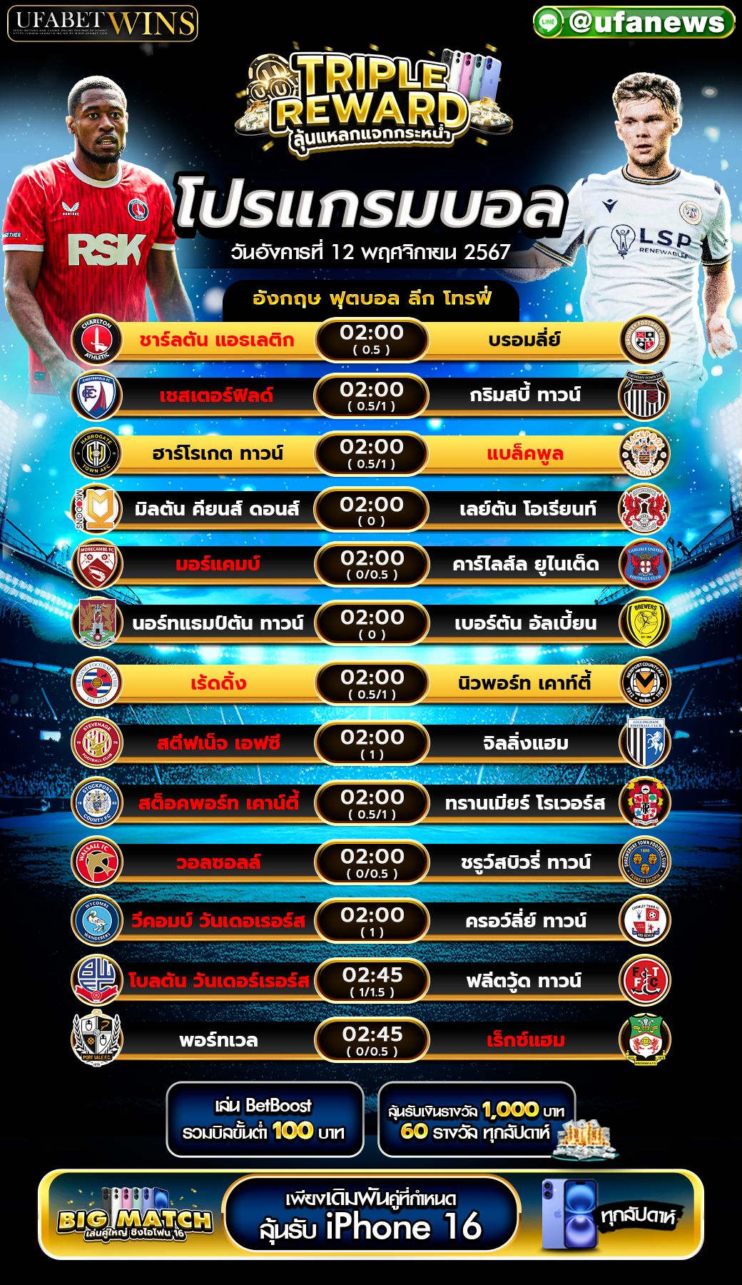 โปรแกรมฟุตบอลวันนี้ 12/11/2567