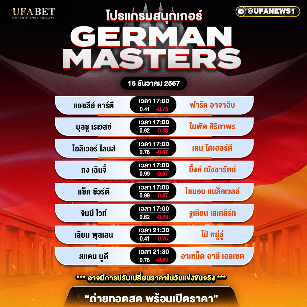 โปรแแกรมสนุกเกอร์ ประจำวันที่ 16 ธันวาคม 2567