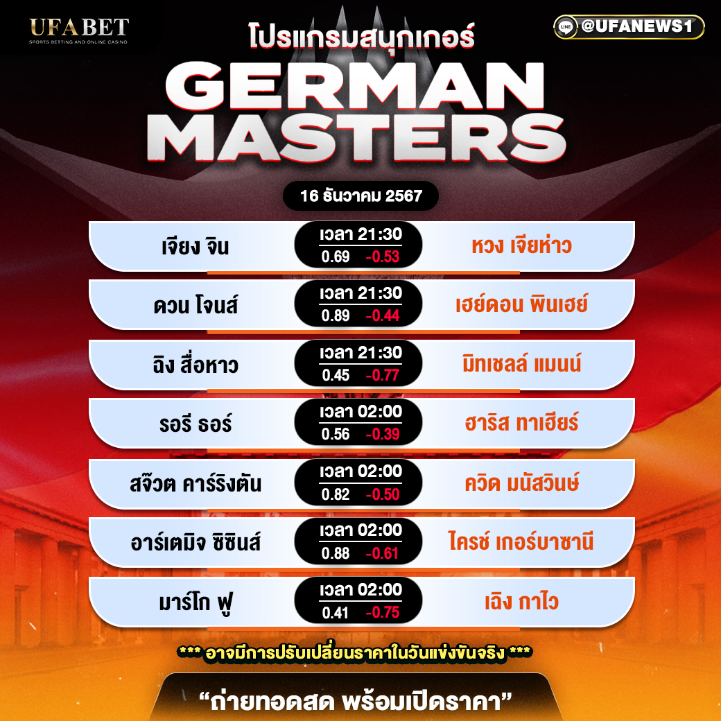 โปรแแกรมสนุกเกอร์ ประจำวันที่ 16 ธันวาคม 2567