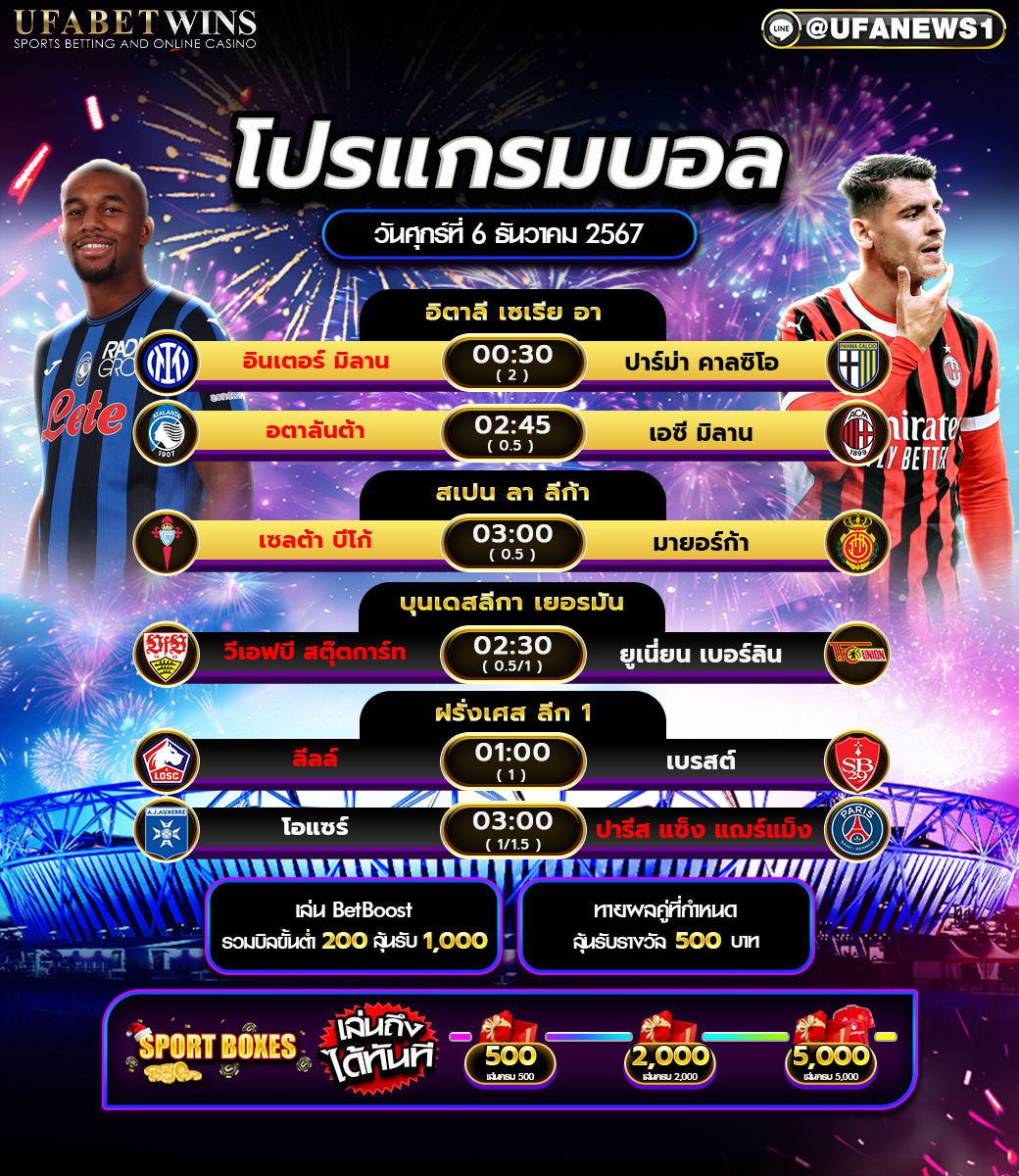 โปรแกรมฟุตบอลวันนี้ 06/12/2567