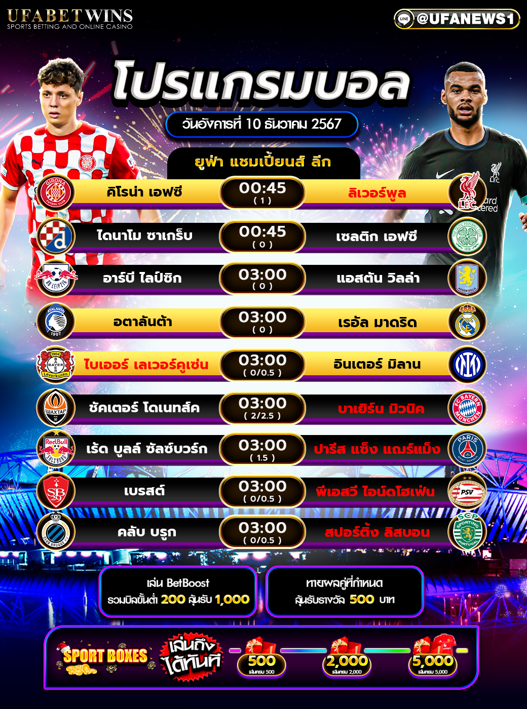 โปรแกรมฟุตบอลวันนี้ 10/12/2567
