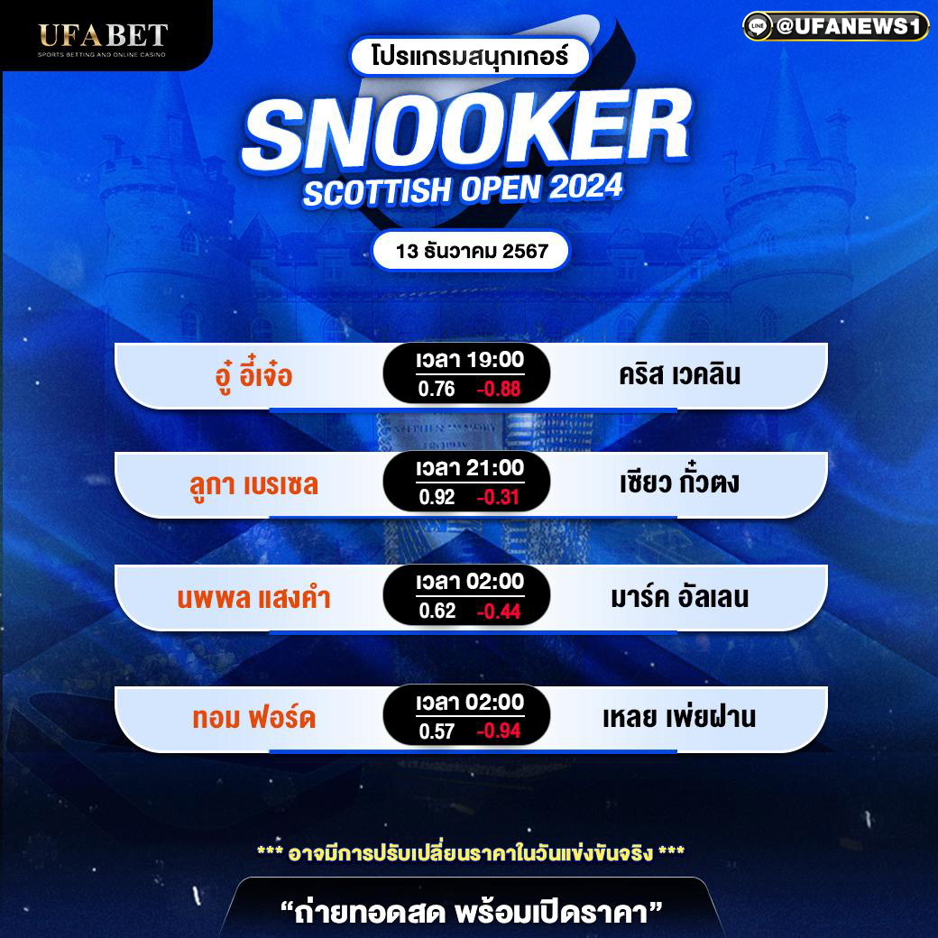โปรแแกรมสนุกเกอร์ ประจำวันที่ 12 ธันวาคม 2567