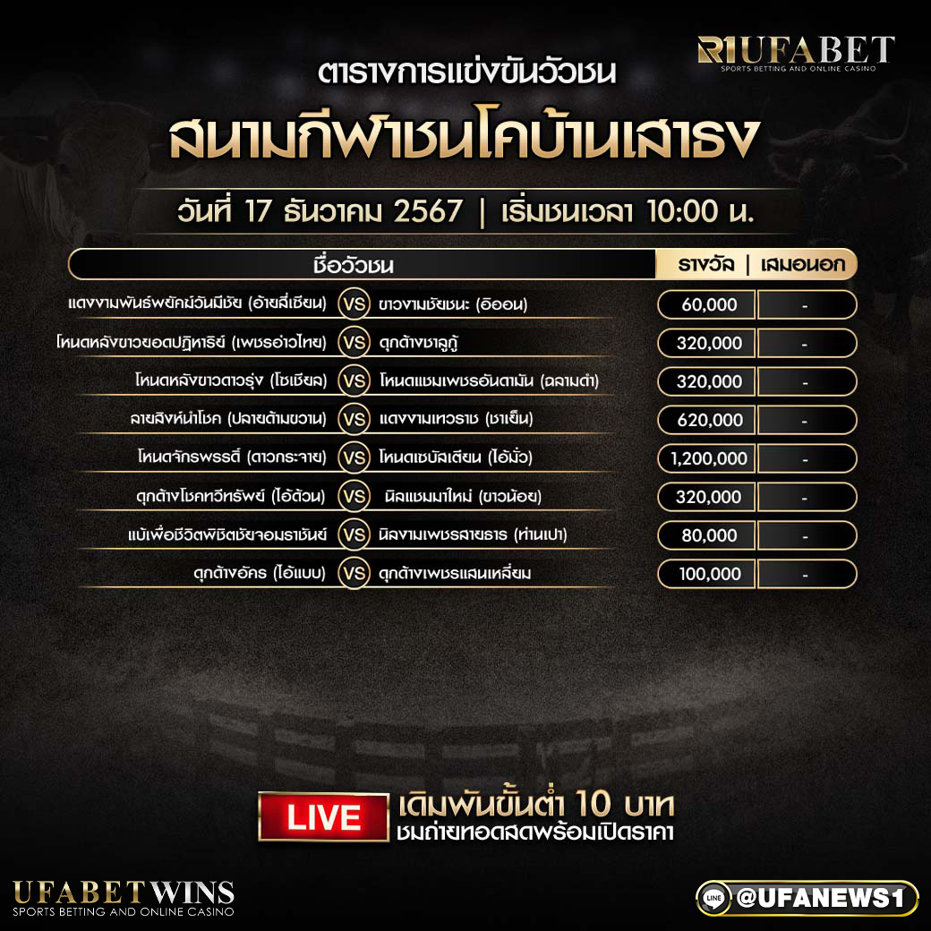 โปรแกรมวัวชนสนามกีฬาชนโคบ้านเสาธง วันที่ 17 ธันวาคม 2567