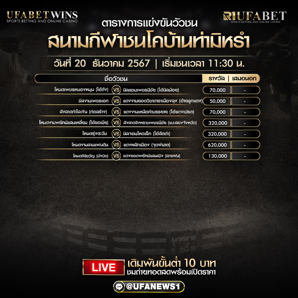 โปรแกรมวัวชนสนามกีฬาชนโคบ้านท่ามิหรำ วันที่ 20 ธันวาคม 2567