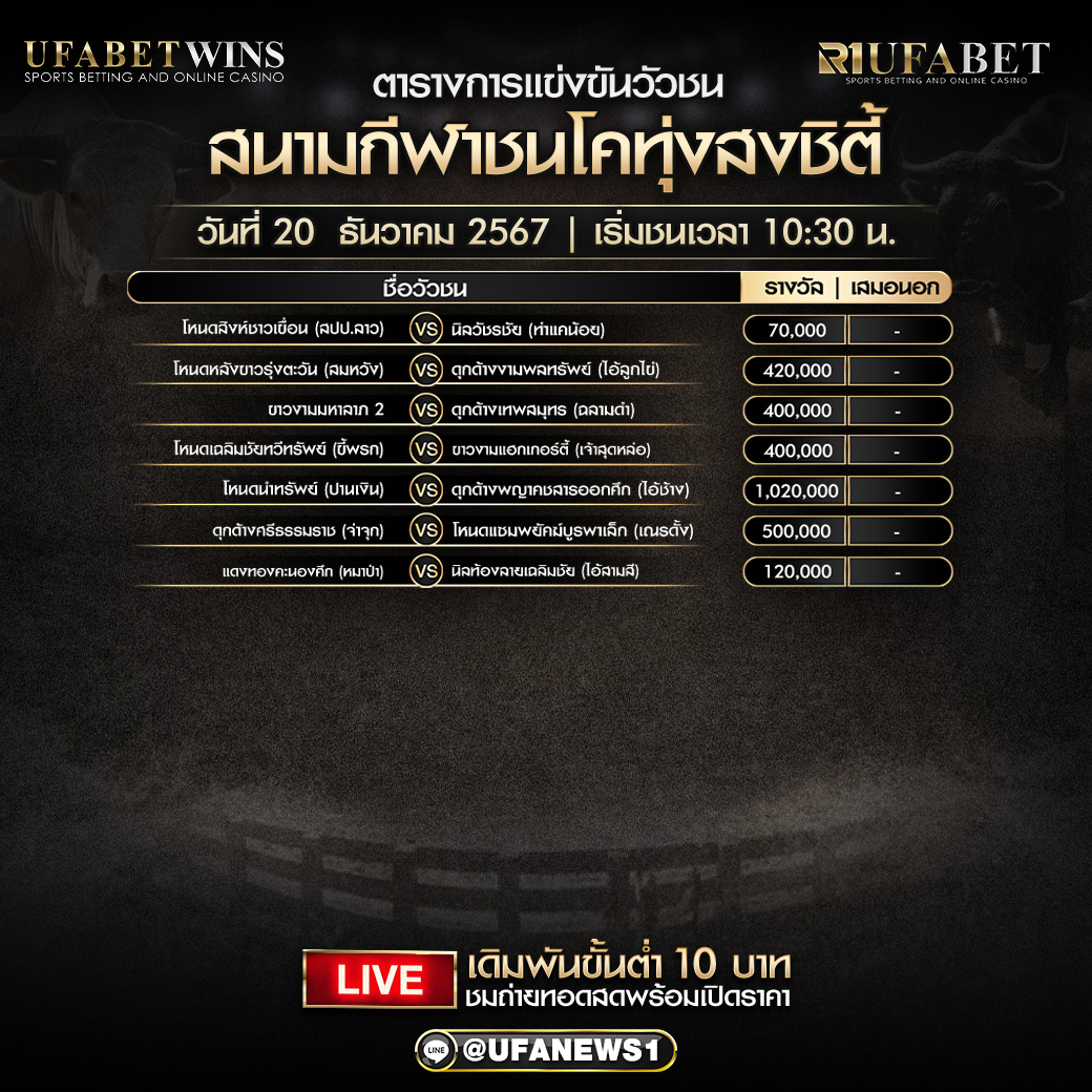 โปรแกรมวัวชนสนามกีฬาชนโคทุ่งสงชิตี้ วันที่ 20 ธันวาคม 2567