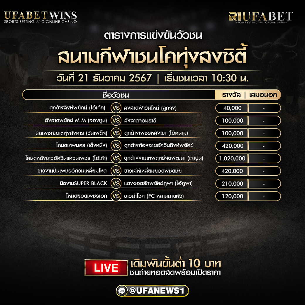 โปรแกรมวัวชนสนามกีฬาชนโคทุ่งสงชิตี้ วันที่ 21 ธันวาคม 2567