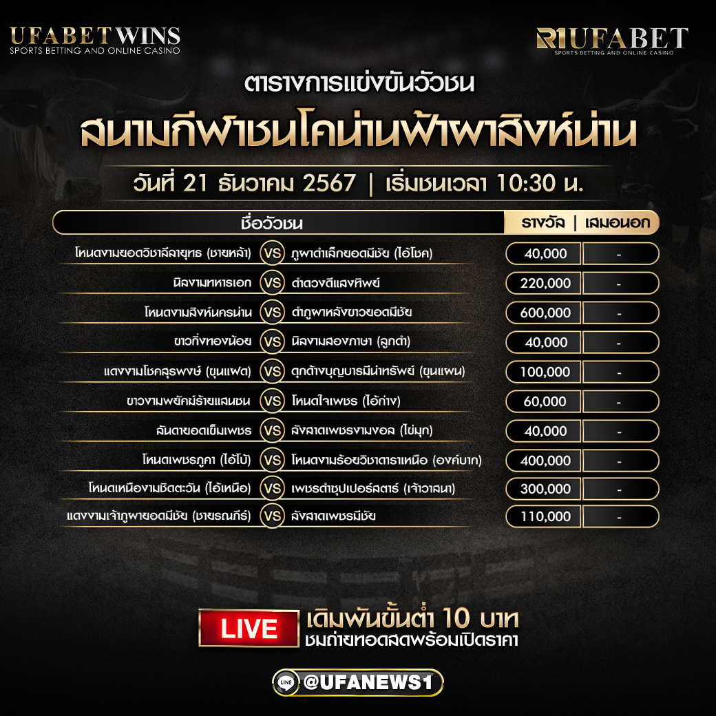 โปรแกรมวัวชนสนามกีฬาชนโคน่านฟ้าผาสิงห์น่าน วันที่ 21 ธันวาคม 2567