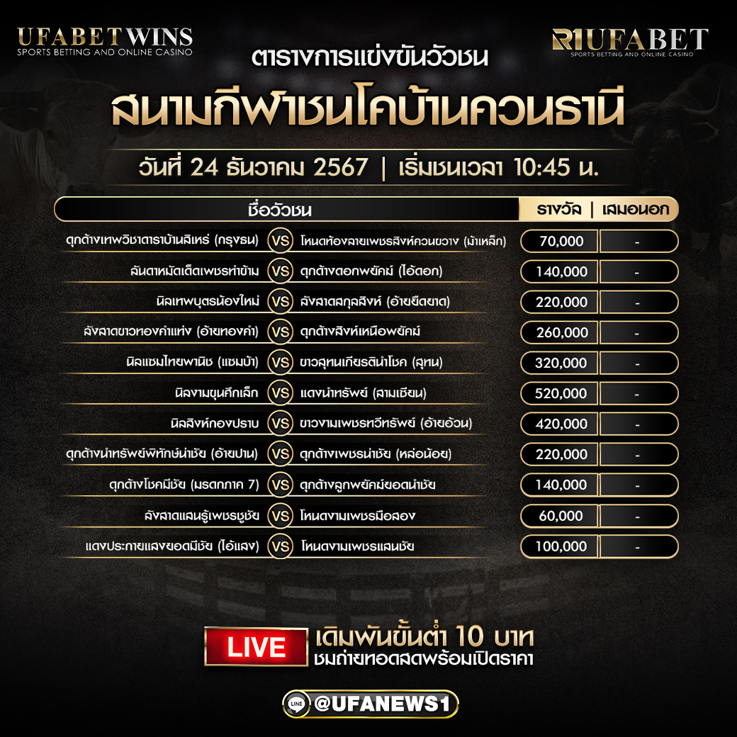 โปรแกรมวัวชนสนามกีฬาชนโคบ้านควนธานี วันที่ 24 ธันวาคม 2567