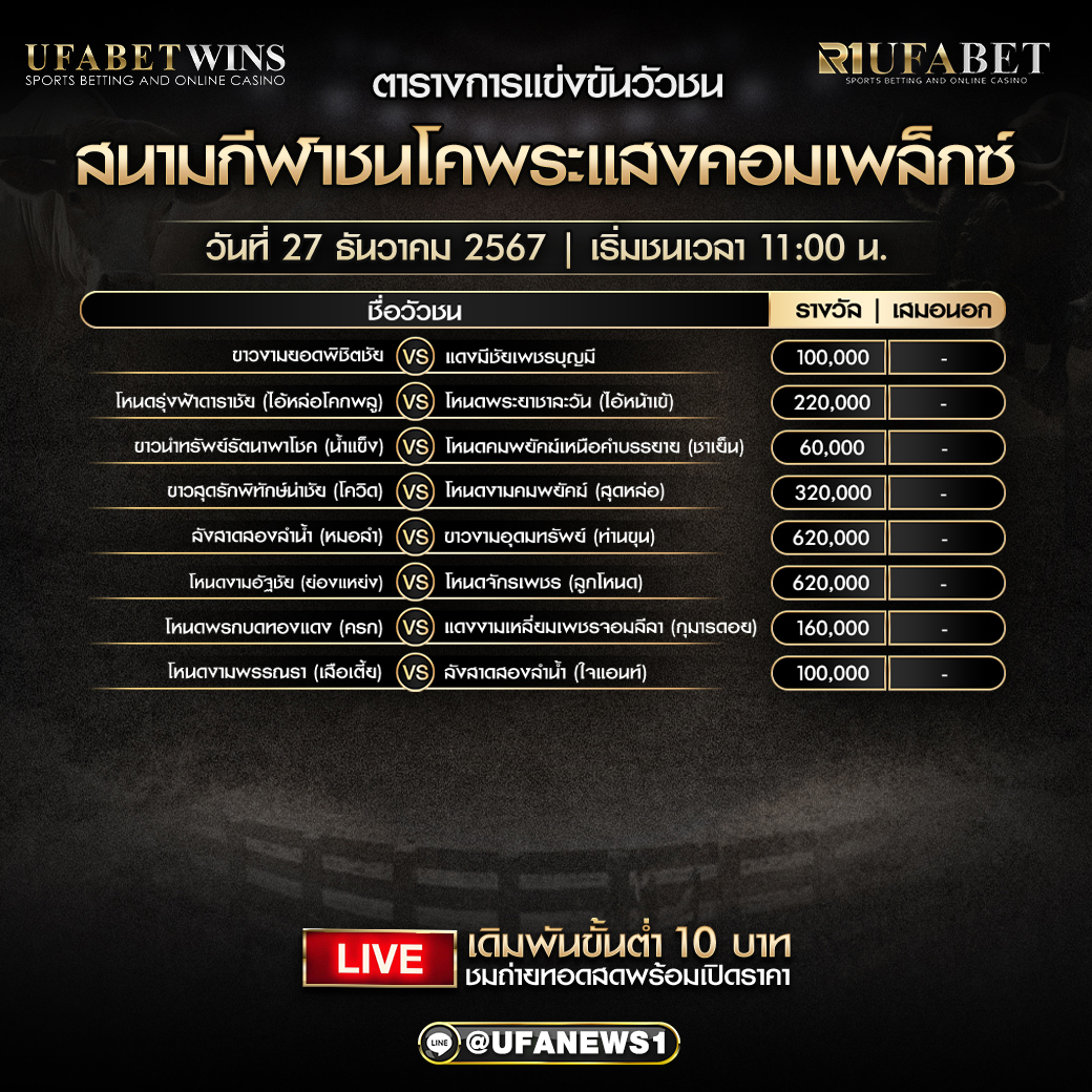 โปรแกรมวัวชน สนามกีฬาชนโคพระแสงคอมเพล็กซ์ วันที่ 27ธันวาคม2567