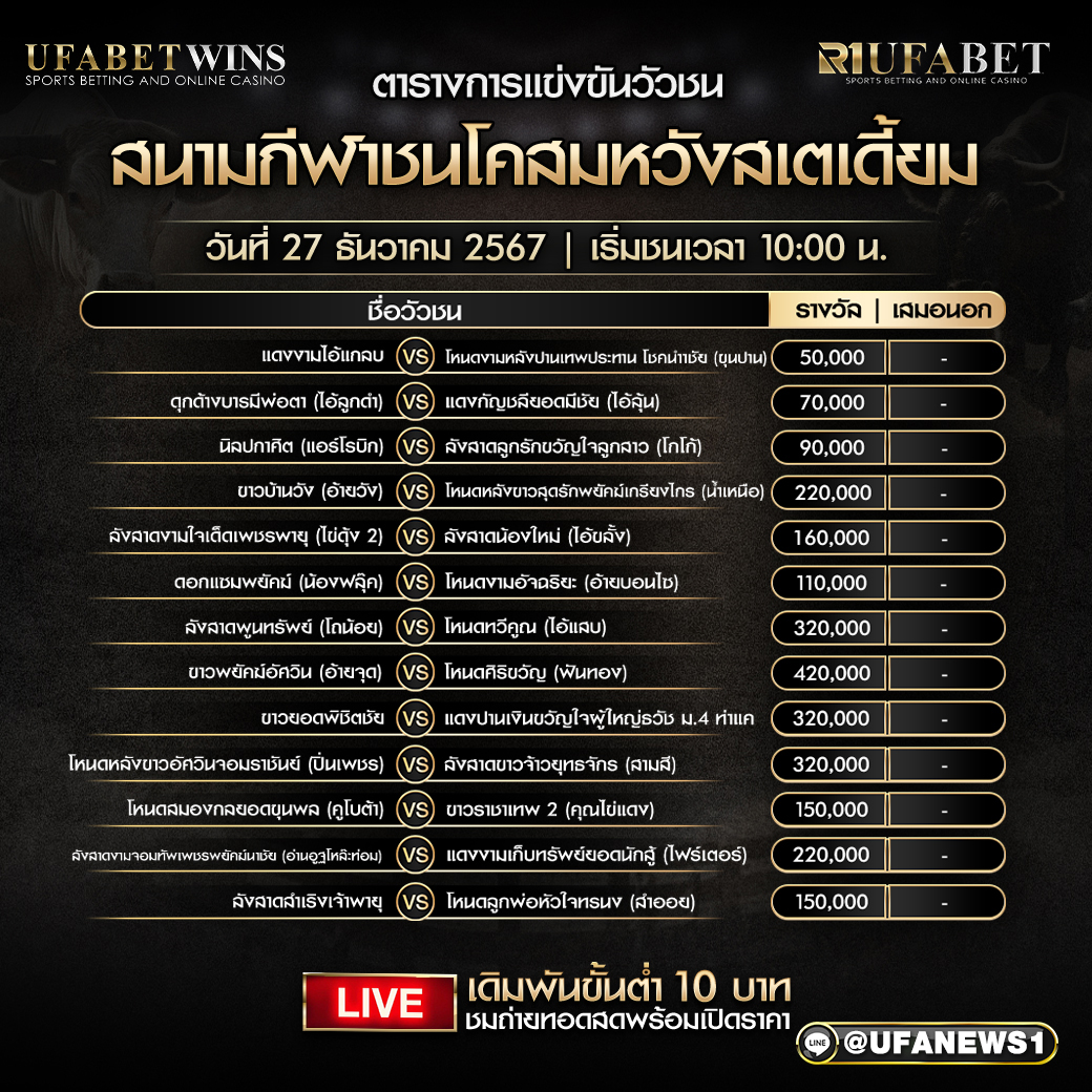 โปรแกรมวัวชน สนามกีฬาชนโคสมหวังสเตเดี้ยม วันที่ 27 ธันวาคม 2567