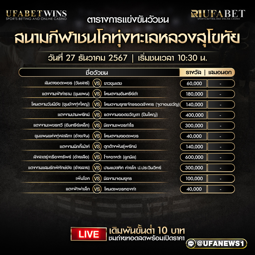 โปรแกรมวัวชน สนามกีฬาชนโคทุ่งทะเลหลวงสุโขทัย วันที่ 27 ธันวาคม 2567