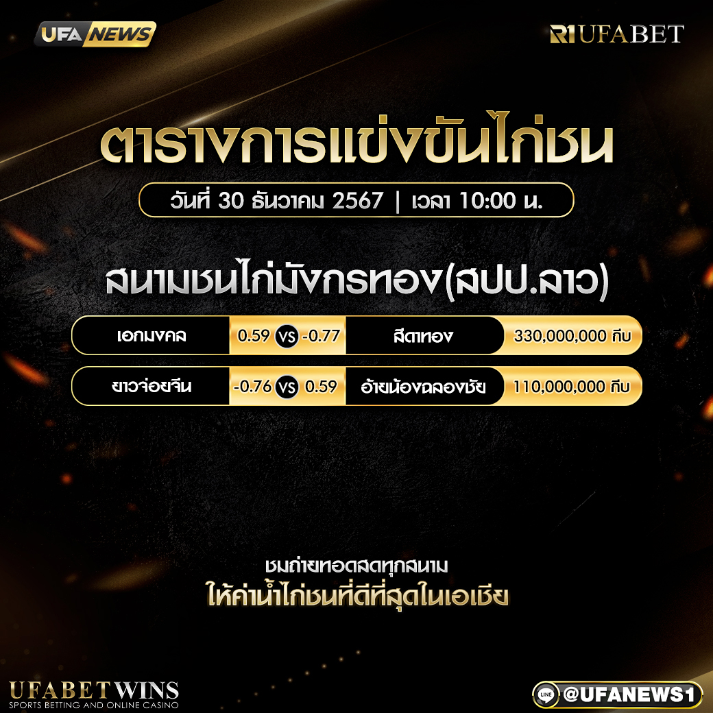 โปรแกรมการแข่งขันไก่ชน วันที่ 30 ธันวาคม 2567