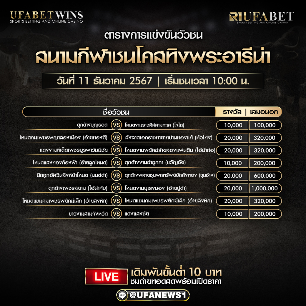 โปรแกรมวัวชน สนามกีฬาชนโคนครตรัง วันที่ 11 ธันวาคม 2567