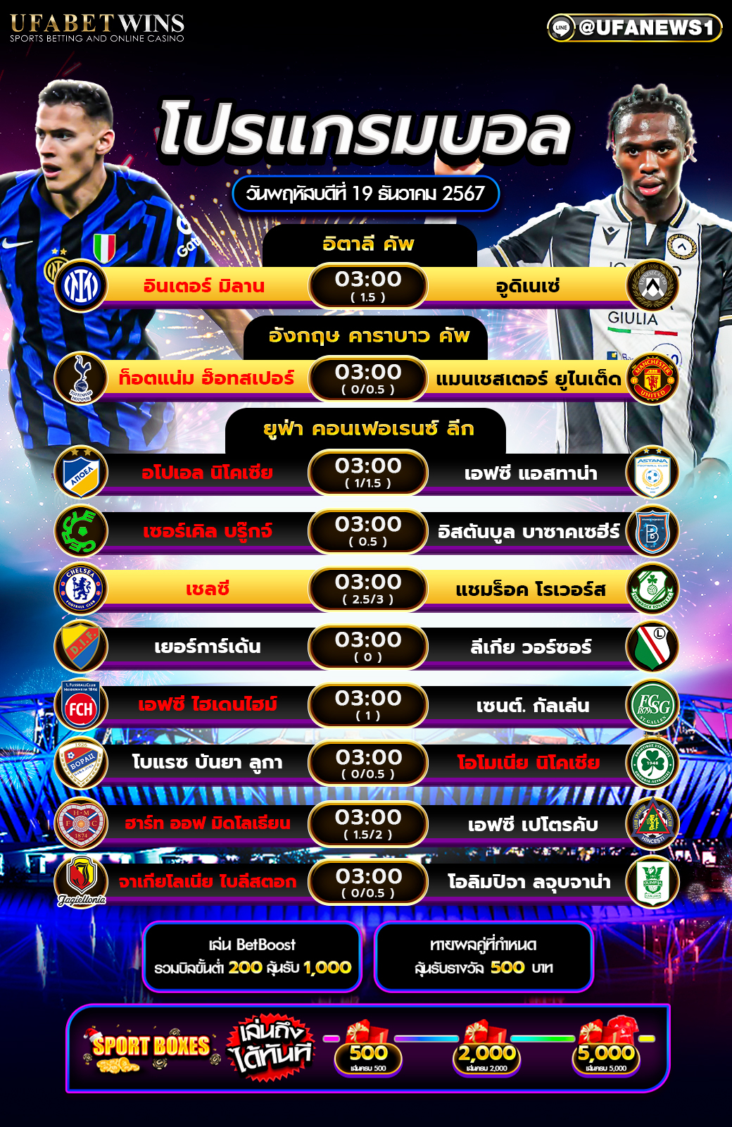 โปรแกรมฟุตบอลวันนี้ 19/12/2567