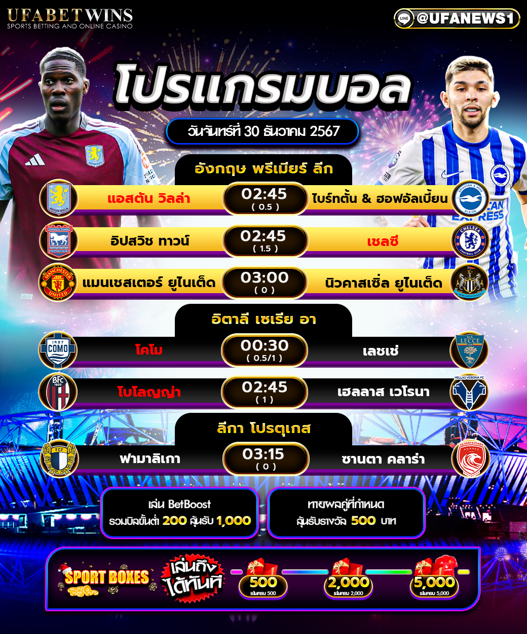 โปรแกรมฟุตบอลวันนี้ 30/12/2567