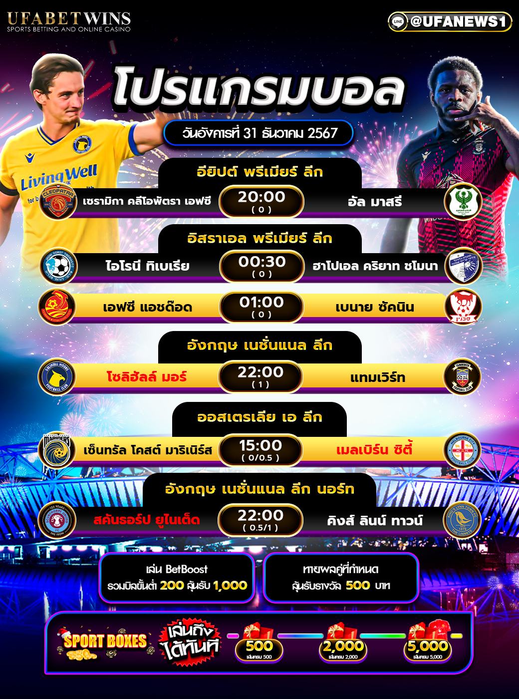 โปรแกรมฟุตบอลวันนี้ 31/12/2567