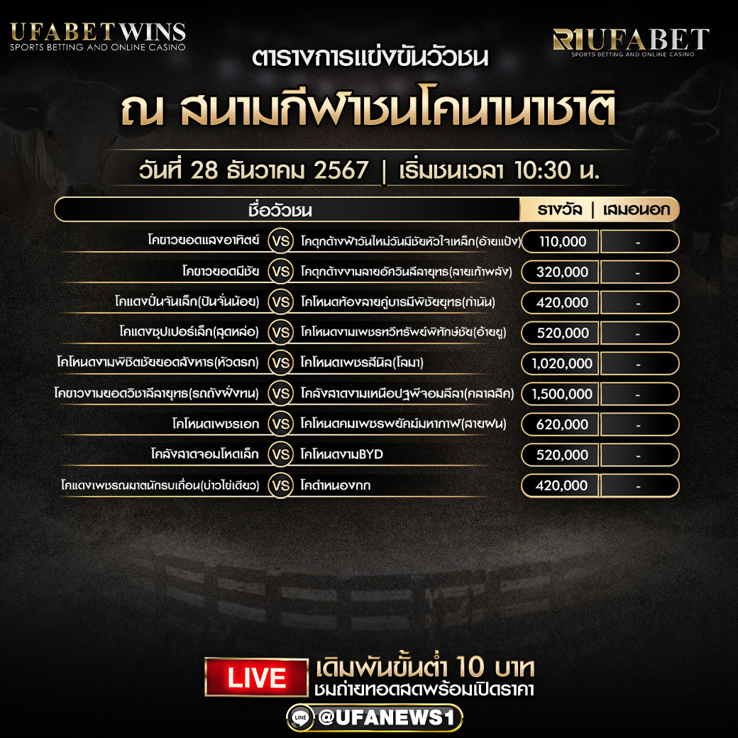 โปรแกรมวัวชน สนามกีฬาชนโคนานาชาติ วันที่ 28 ธันวาคม 2567