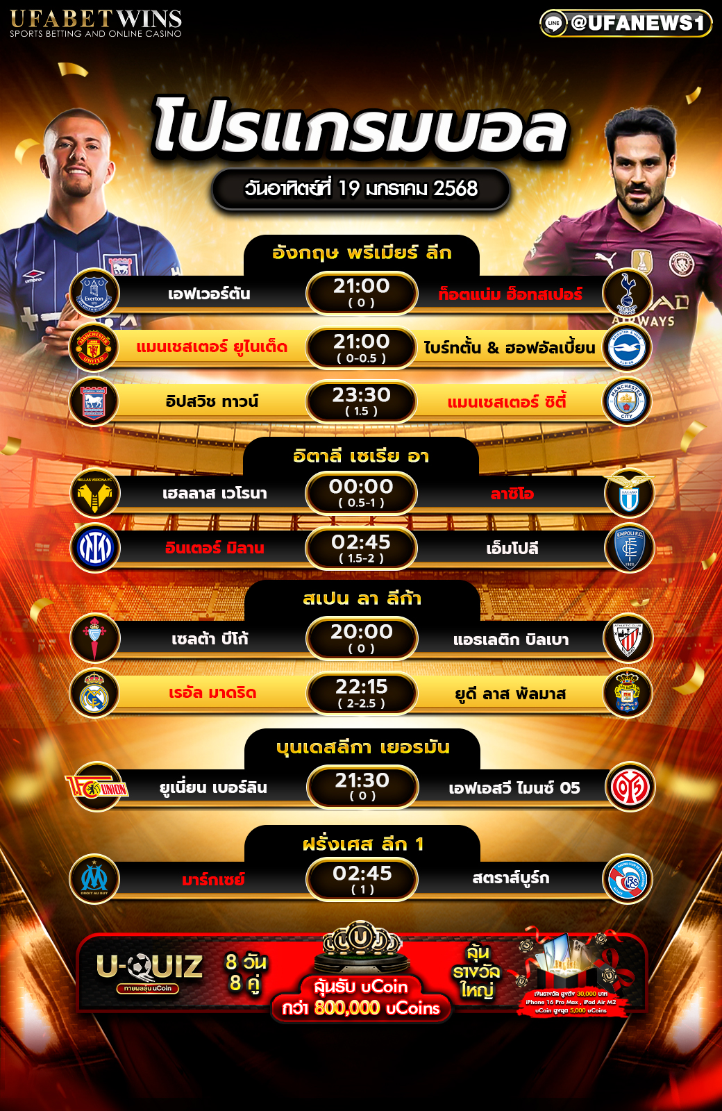 โปรแกรมฟุตบอลวันนี้ 19/01/2568