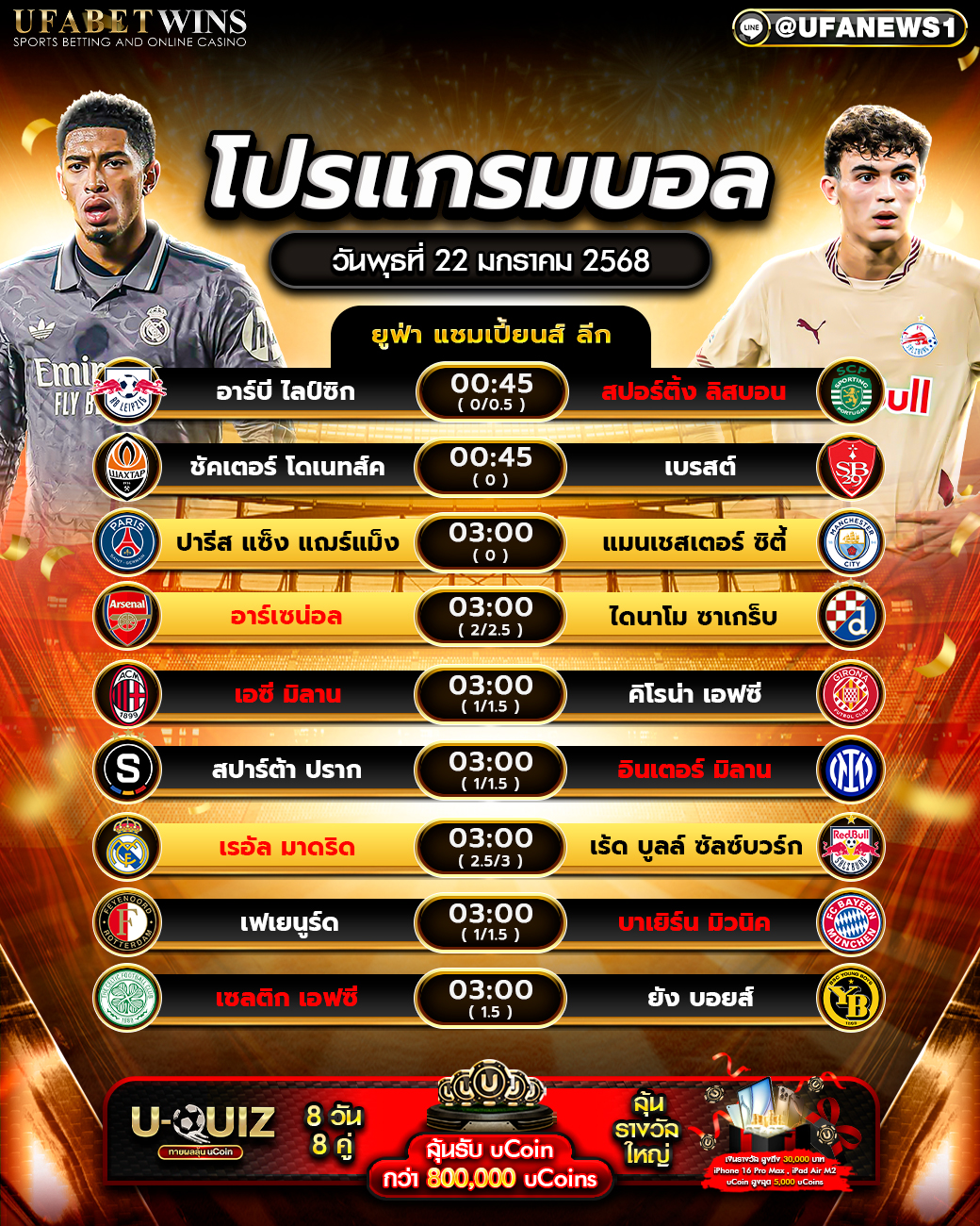 โปรแกรมฟุตบอลวันนี้ 22/01/2568