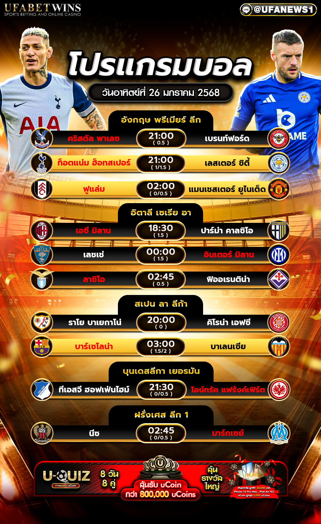 โปรแกรมฟุตบอลวันนี้ 26/01/2568